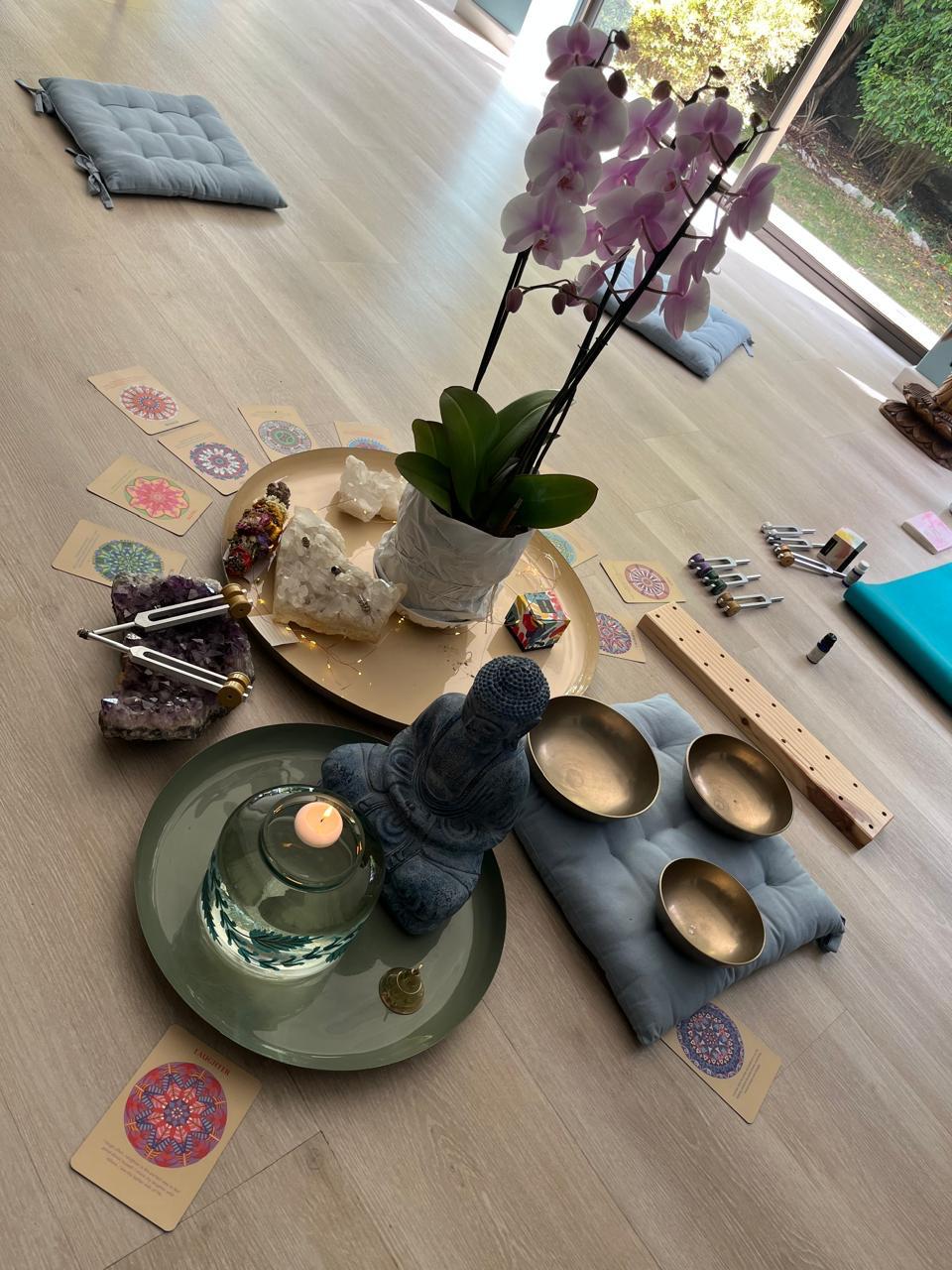 Sound healing altar with sound bowls, crystals and tuning forks